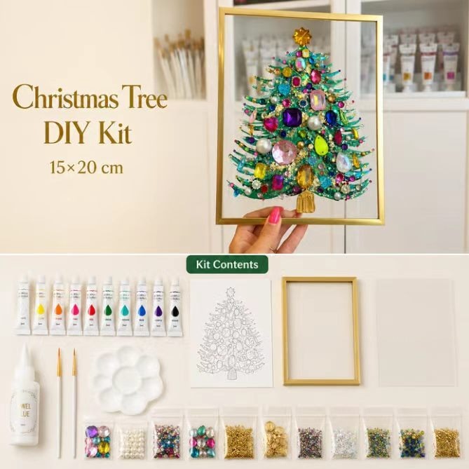 🎄 DIY Jeweled Christmas Tree Art Kit | Colorful Gems, Pearls, Paints & Gold-Tone Floating Display Frame 💎✨