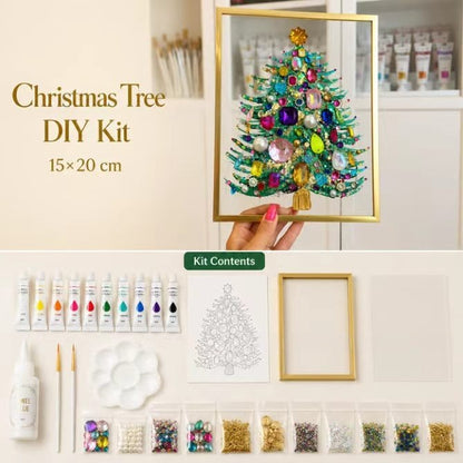 🎄 DIY Jeweled Christmas Tree Art Kit | Colorful Gems, Pearls, Paints & Gold-Tone Floating Display Frame 💎✨