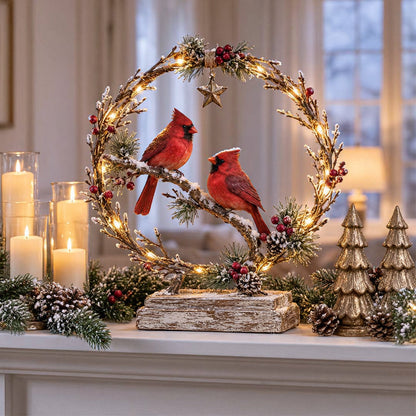 🔥🎁Lighted Cardinal Tabletop Decor, Rustic Red Cardinal Pair with Warm LED Lights
