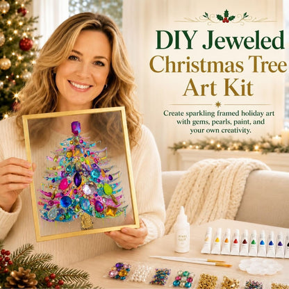🎄 DIY Jeweled Christmas Tree Art Kit | Colorful Gems, Pearls, Paints & Gold-Tone Floating Display Frame 💎✨