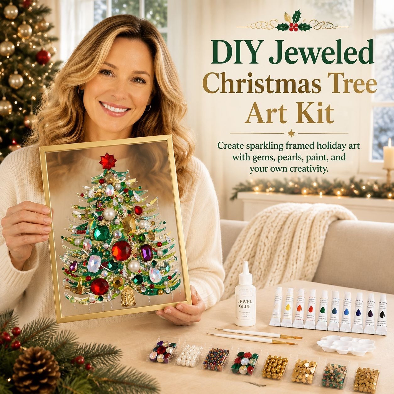 🎄 DIY Jeweled Christmas Tree Art Kit | Colorful Gems, Pearls, Paints & Gold-Tone Floating Display Frame 💎✨