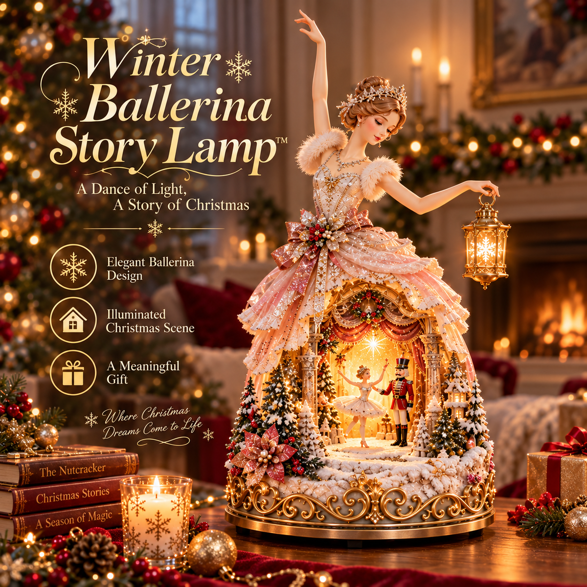 🩰 Winter Ballerina Story Lamp – Lighted Nutcracker Christmas Tabletop Decor