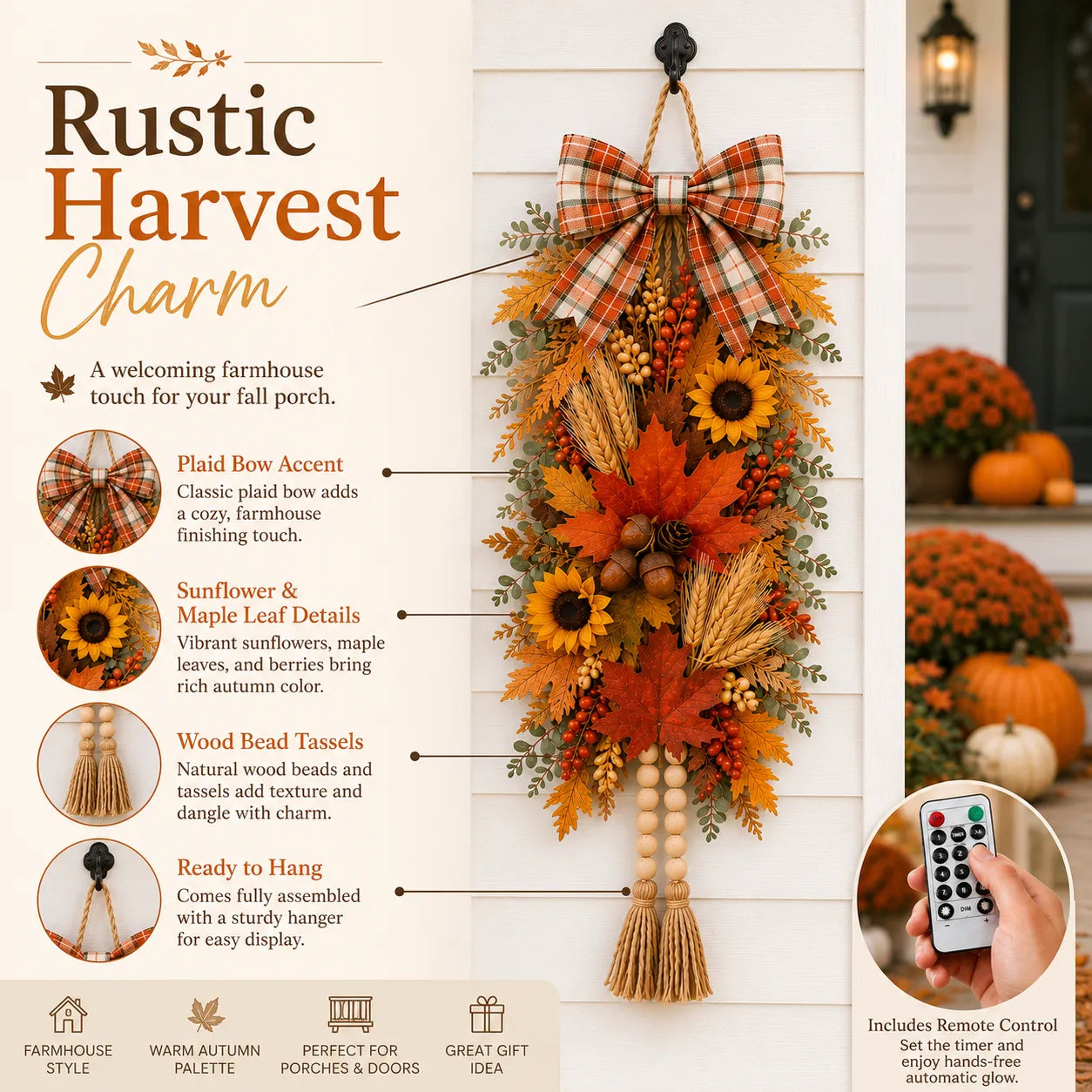 🍂✨Country-Style Harvest Door Hanging Decoration with Warm Lights