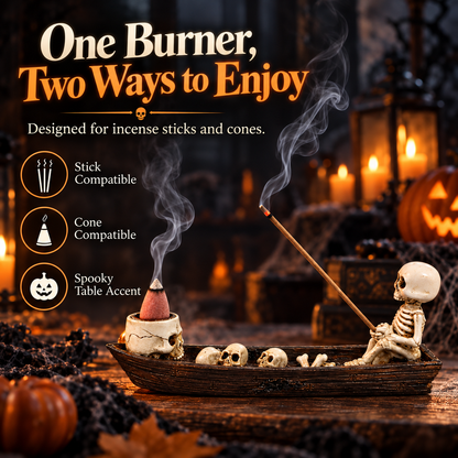 💀Skeleton Boat Backflow Incense Burner-Resin Gothic Skull Incense Holder for Halloween Decor💨
