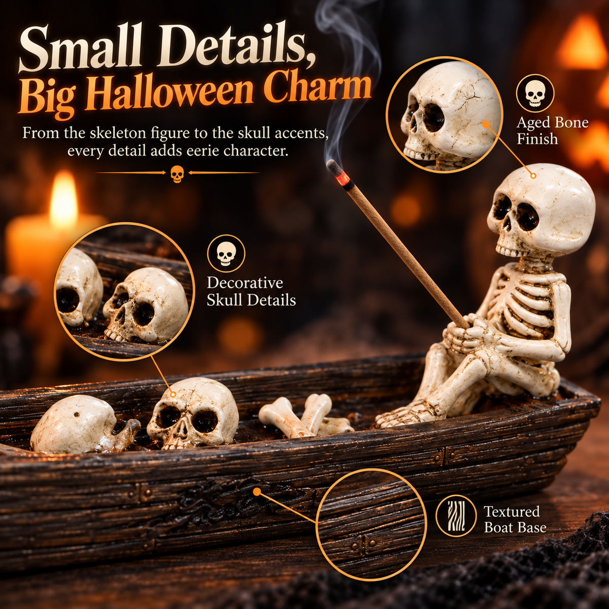 💀Skeleton Boat Backflow Incense Burner-Resin Gothic Skull Incense Holder for Halloween Decor💨