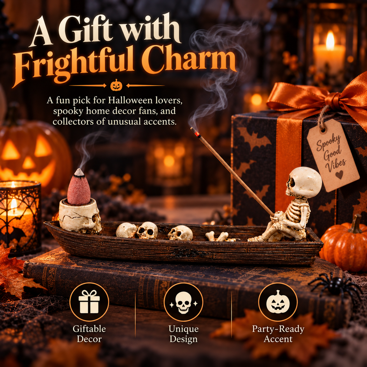 💀Skeleton Boat Backflow Incense Burner-Resin Gothic Skull Incense Holder for Halloween Decor💨