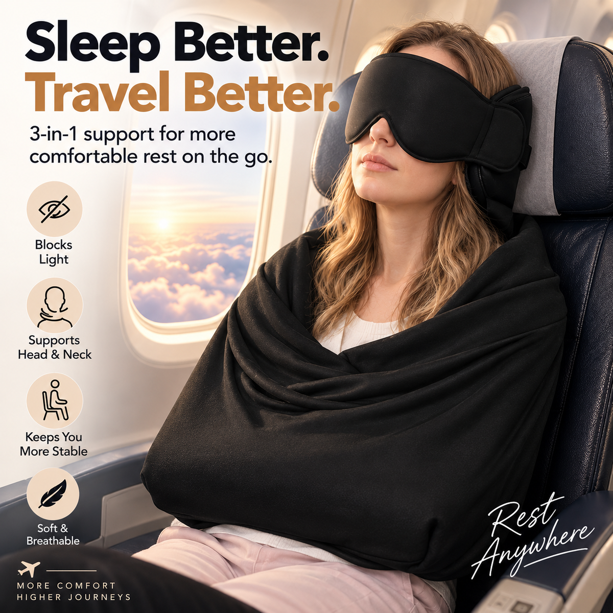 ✈️ 3-in-1 Travel Sleep Support – Blackout Eye Mask & Head Support