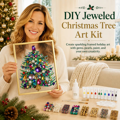 🎄 DIY Jeweled Christmas Tree Art Kit | Colorful Gems, Pearls, Paints & Gold-Tone Floating Display Frame 💎✨