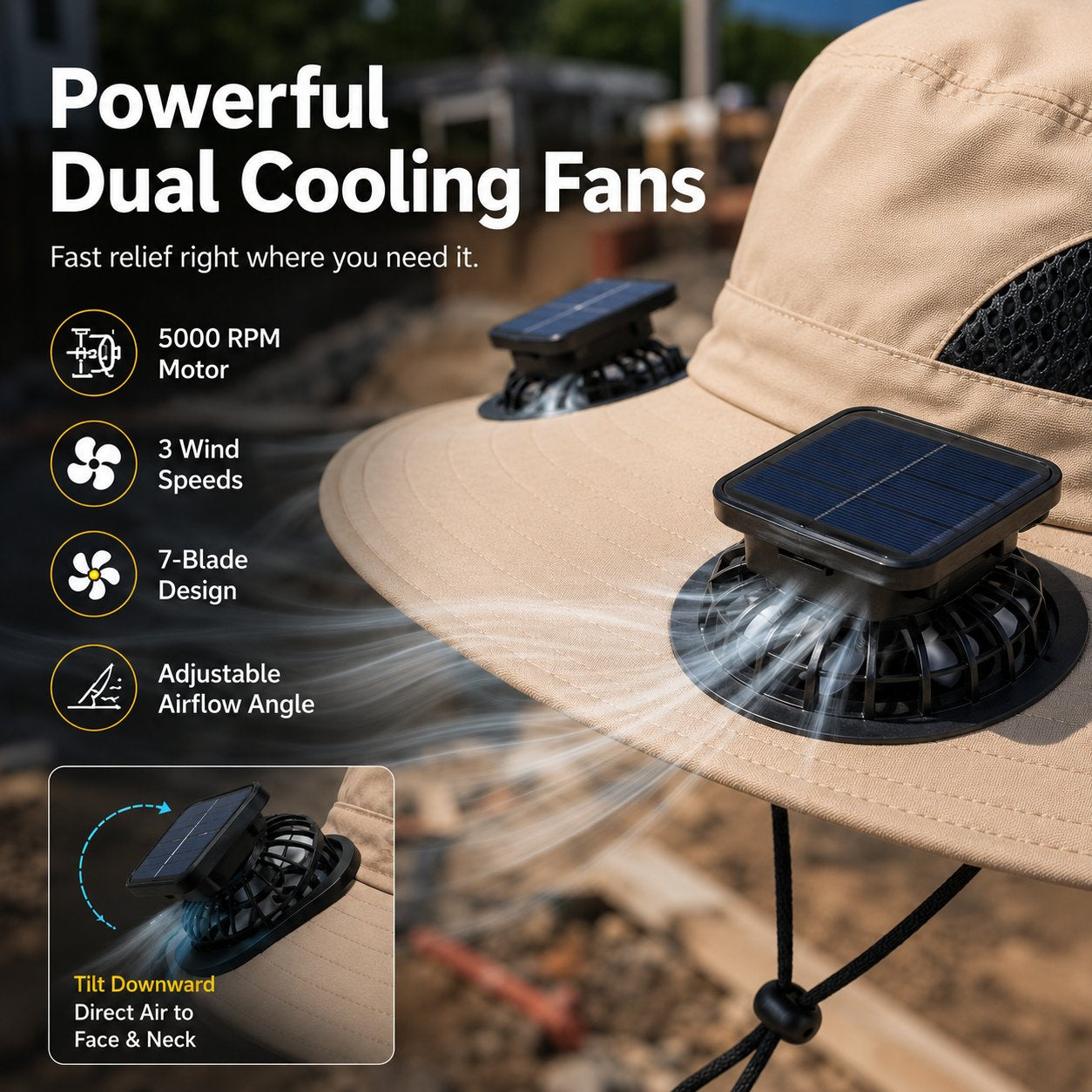 ☀️ Solar Powered Cooling Fan Hat – Dual Fans, Type-C USB Rechargeable & Water-Resistant Outdoor Sun Hat