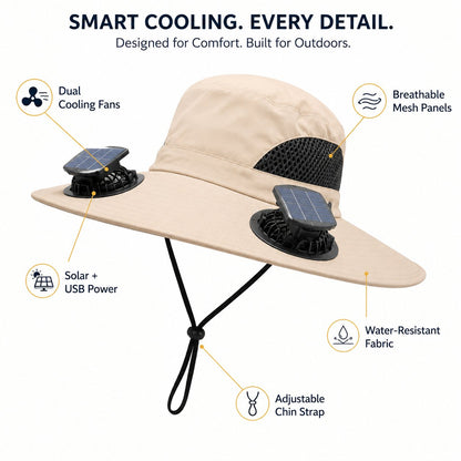 ☀️ Solar Powered Cooling Fan Hat – Dual Fans, Type-C USB Rechargeable & Water-Resistant Outdoor Sun Hat
