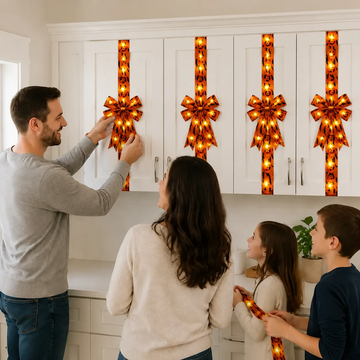 🎃 LED Lighted Halloween Cabinet Bow Ribbon｜Pre‑Tied Satin Bow for Kitchen Cabinet Door Window Halloween Home Decor