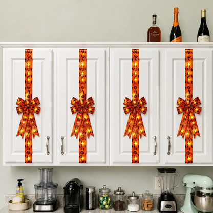 🎃 LED Lighted Halloween Cabinet Bow Ribbon｜Pre‑Tied Satin Bow for Kitchen Cabinet Door Window Halloween Home Decor