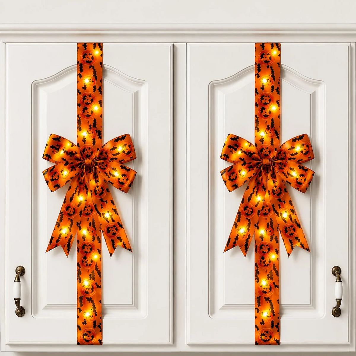 🎃 LED Lighted Halloween Cabinet Bow Ribbon｜Pre‑Tied Satin Bow for Kitchen Cabinet Door Window Halloween Home Decor