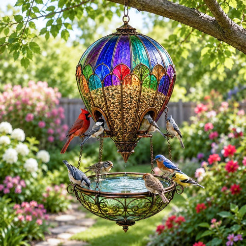 🌈 Stained Glass Hot Air Balloon Bird Feeder & Bird Bath Fountain 🐦