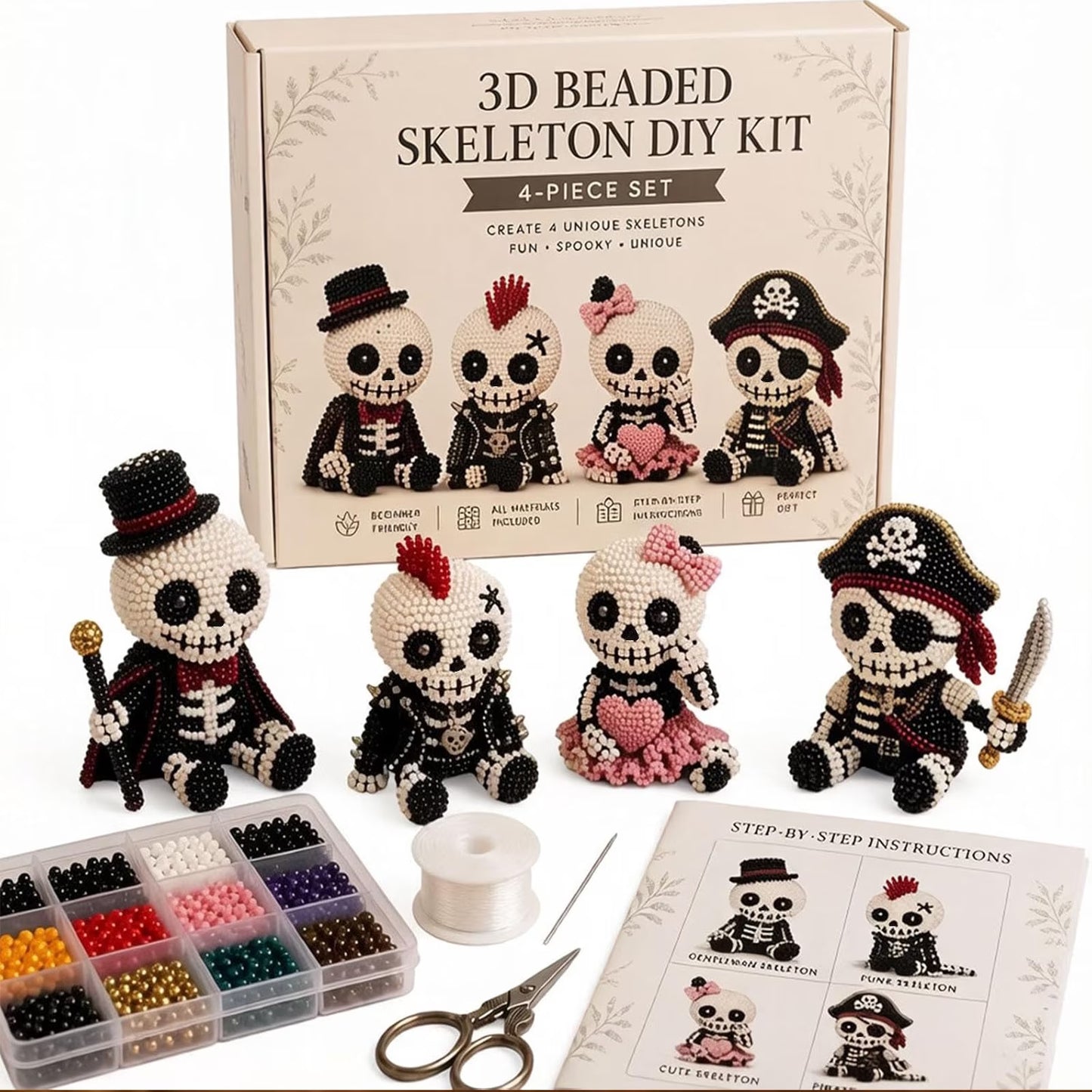🧵 3D Beaded Skeleton DIY Kit – 4 Unique Styles (Pirate, Reaper, Egyptian & Gothic) with All Materials, Perfect Craft Gift for Kids & Adults