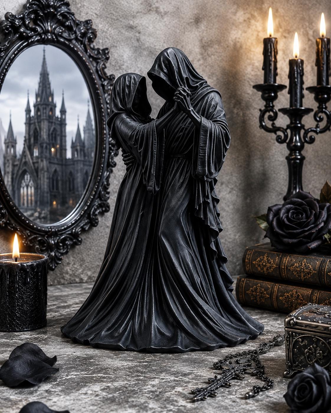🖤Eternal Dark Love Gothic Couple Statue | Hooded Skeleton Lovers Dancing Resin Figurine Halloween Tabletop Decor