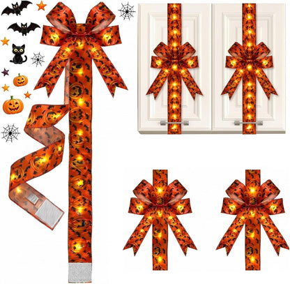 🎃 LED Lighted Halloween Cabinet Bow Ribbon｜Pre‑Tied Satin Bow for Kitchen Cabinet Door Window Halloween Home Decor