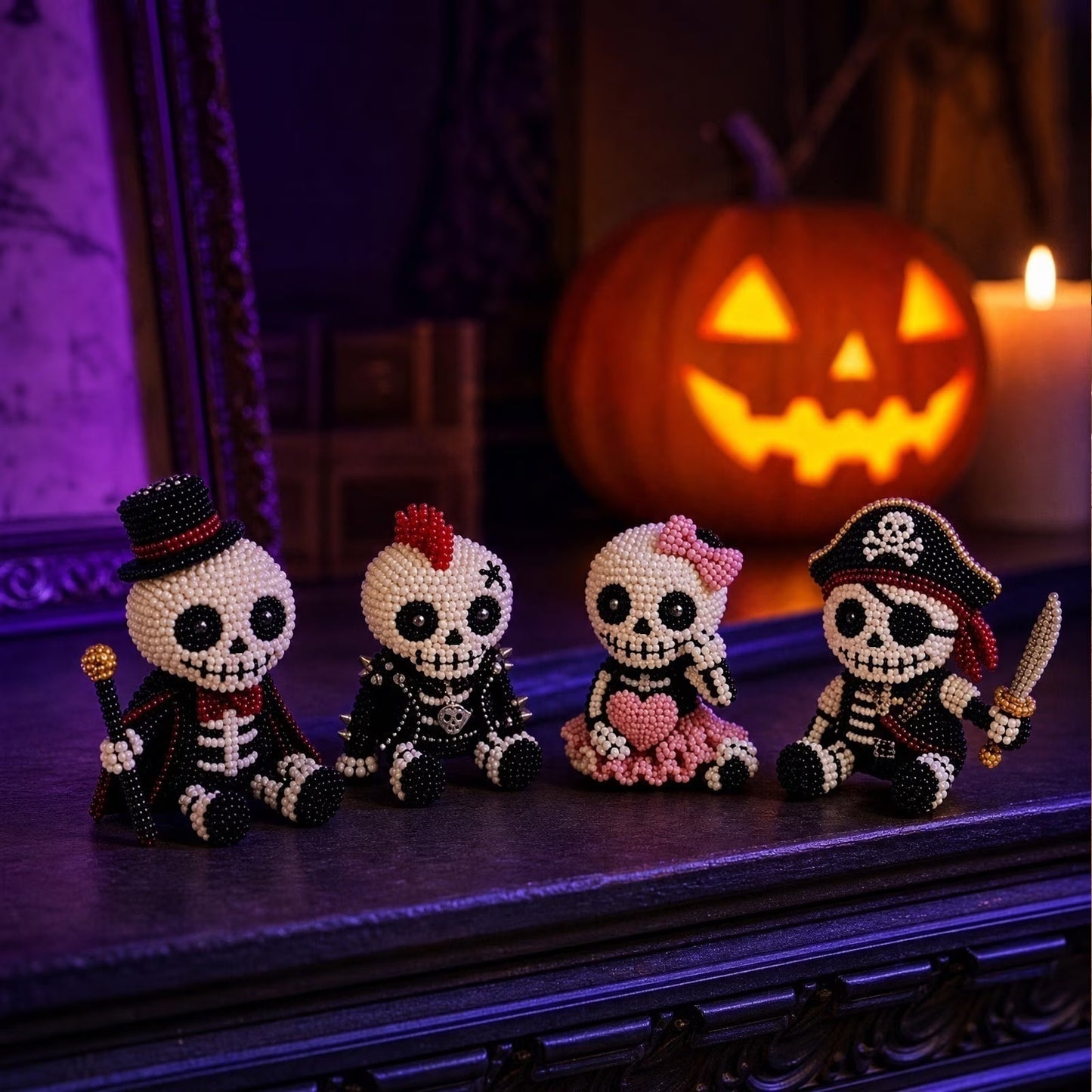 🧵 3D Beaded Skeleton DIY Kit – 4 Unique Styles (Pirate, Reaper, Egyptian & Gothic) with All Materials, Perfect Craft Gift for Kids & Adults