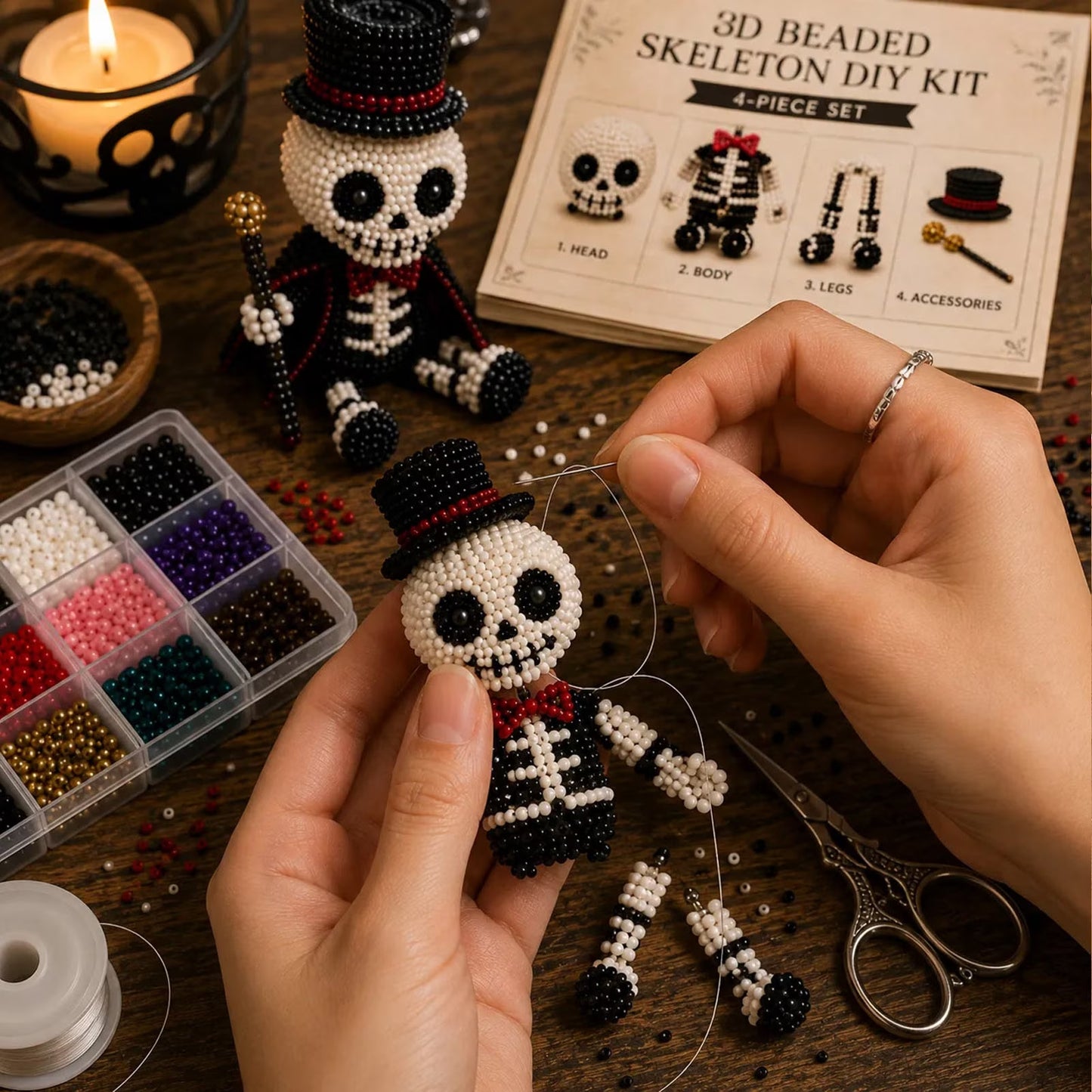 🧵 3D Beaded Skeleton DIY Kit – 4 Unique Styles (Pirate, Reaper, Egyptian & Gothic) with All Materials, Perfect Craft Gift for Kids & Adults