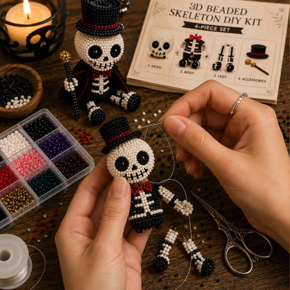 🧵 3D Beaded Skeleton DIY Kit – 4 Unique Styles (Pirate, Reaper, Egyptian & Gothic) with All Materials, Perfect Craft Gift for Kids & Adults