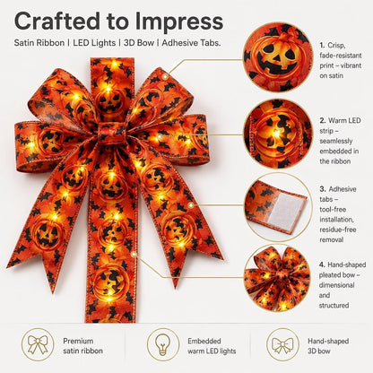 🎃 LED Lighted Halloween Cabinet Bow Ribbon｜Pre‑Tied Satin Bow for Kitchen Cabinet Door Window Halloween Home Decor