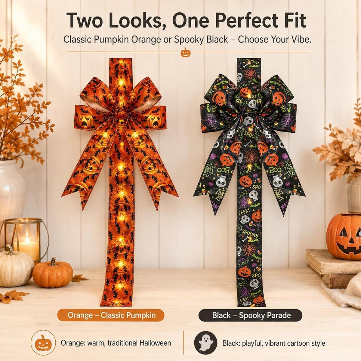 🎃 LED Lighted Halloween Cabinet Bow Ribbon｜Pre‑Tied Satin Bow for Kitchen Cabinet Door Window Halloween Home Decor