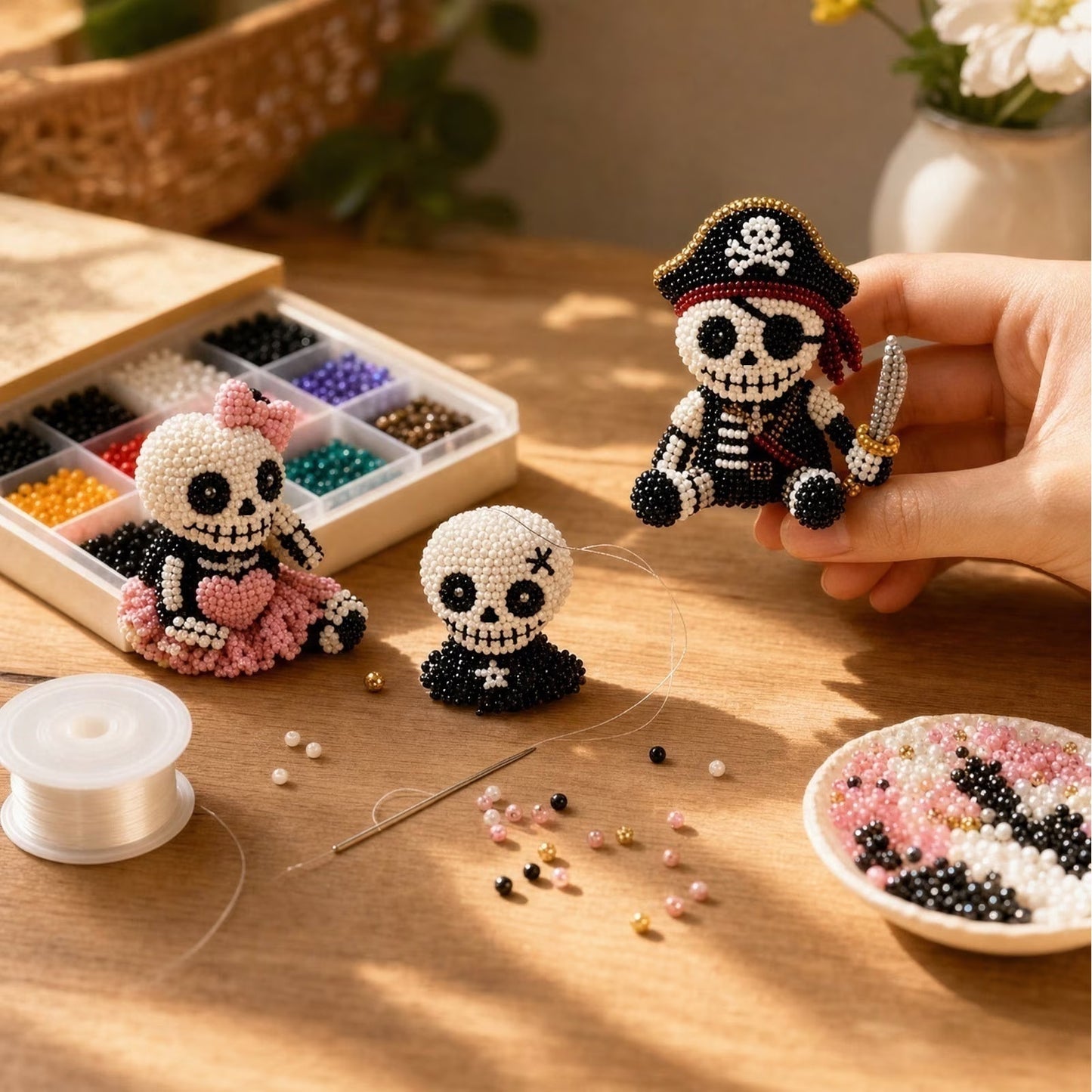 🧵 3D Beaded Skeleton DIY Kit – 4 Unique Styles (Pirate, Reaper, Egyptian & Gothic) with All Materials, Perfect Craft Gift for Kids & Adults