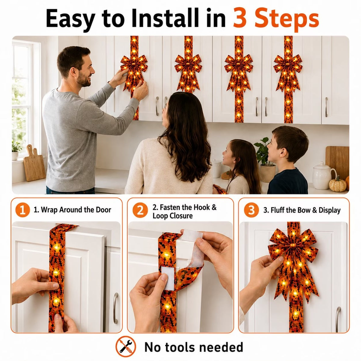 🎃 LED Lighted Halloween Cabinet Bow Ribbon｜Pre‑Tied Satin Bow for Kitchen Cabinet Door Window Halloween Home Decor