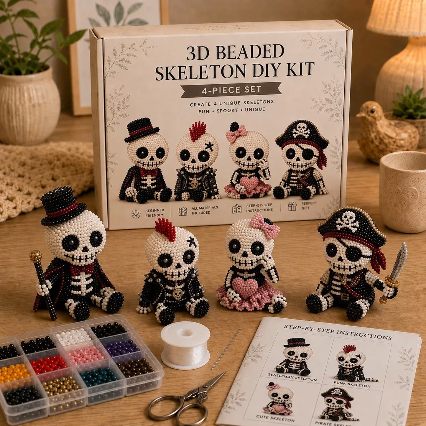 🧵 3D Beaded Skeleton DIY Kit – 4 Unique Styles (Pirate, Reaper, Egyptian & Gothic) with All Materials, Perfect Craft Gift for Kids & Adults