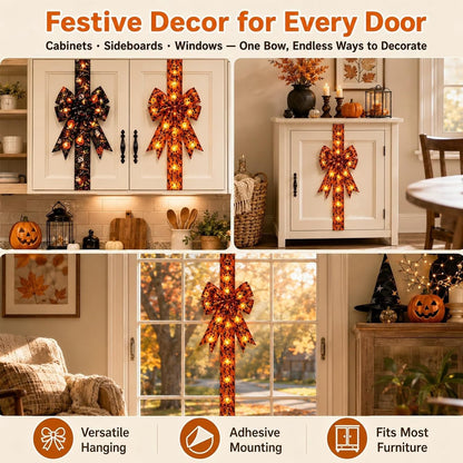 🎃 LED Lighted Halloween Cabinet Bow Ribbon｜Pre‑Tied Satin Bow for Kitchen Cabinet Door Window Halloween Home Decor
