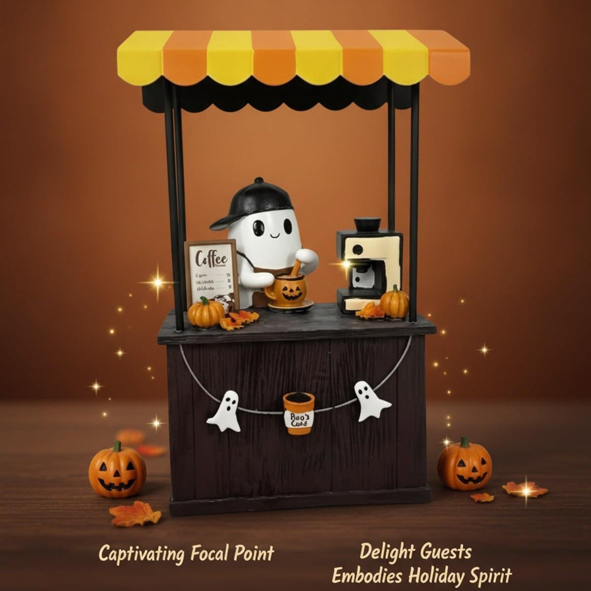 🎃 Cute Ghost Coffee Stand Figurine – Resin Halloweena Tabletop Decor with Mini Barista Bar, Perfect Fall Gift