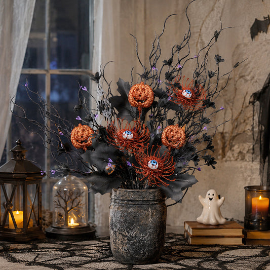 3Pcs Halloween Artificial Ins Horror Flower Branch with Maple Eyeball Pumpkin