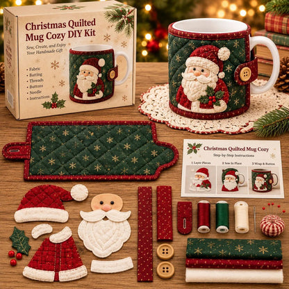 🎄Christmas Quilted Mug Cozy DIY Sewing Kit, Handmade Cup Sleeve Craft Set for Holiday Gift, Beginner Embroidery Sewing Project