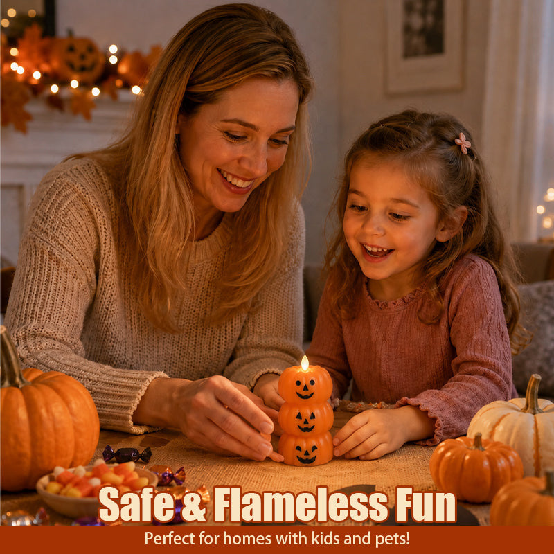 🎃 Safe Flameless Stacked Pumpkin Candle – Halloween LED Decor with Moving Flame & Smiling Faces