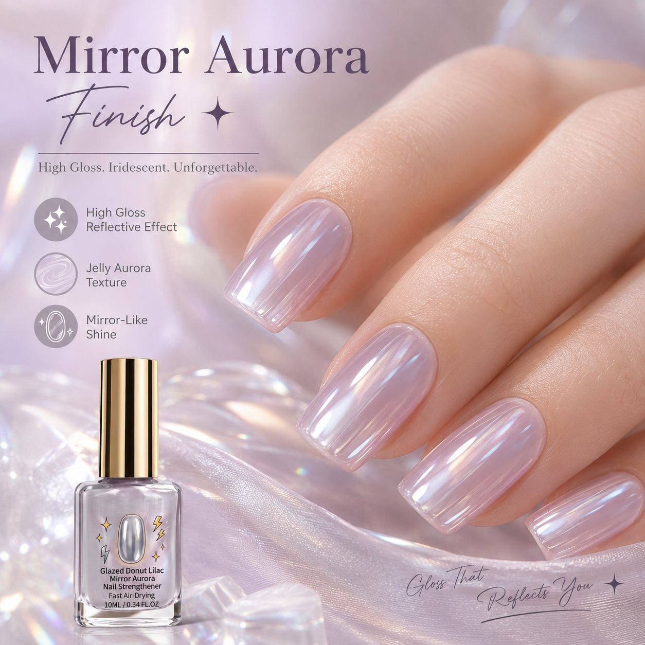 ✨ Glazed Donut Lilac Mirror‑Aurora Nail Strengthener Nail Polish (10ml)
