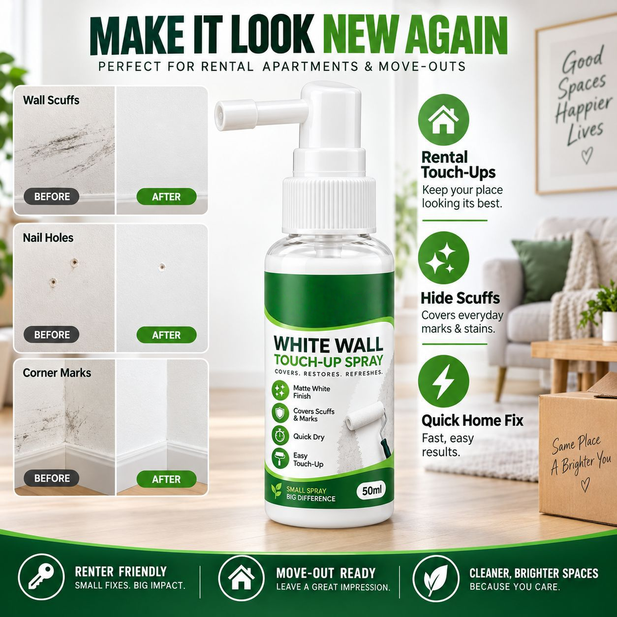 ✨White Wall Repair Spray – Suitable for household wall stains, scratches, and small nail holes.