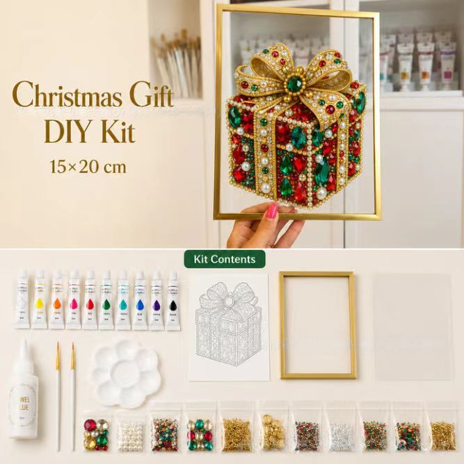 🎄 DIY Jeweled Christmas Tree Art Kit | Colorful Gems, Pearls, Paints & Gold-Tone Floating Display Frame 💎✨