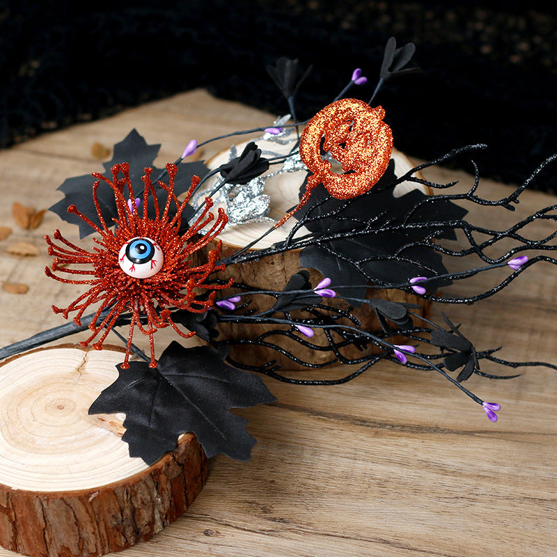 3Pcs Halloween Artificial Ins Horror Flower Branch with Maple Eyeball Pumpkin