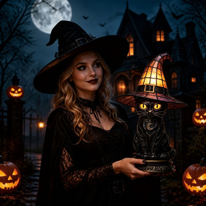 🔥Exclusive Limited Item 👍🔥50%OFF🐈🐱 Tiffany-Style Witch & Black Cat Table Lamp | Gothic Halloween Decorative Night Light