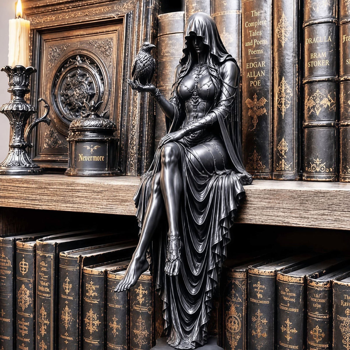 🦅Gothic Raven Shelf Sitter Statue Hooded Lady Reaper Figurine