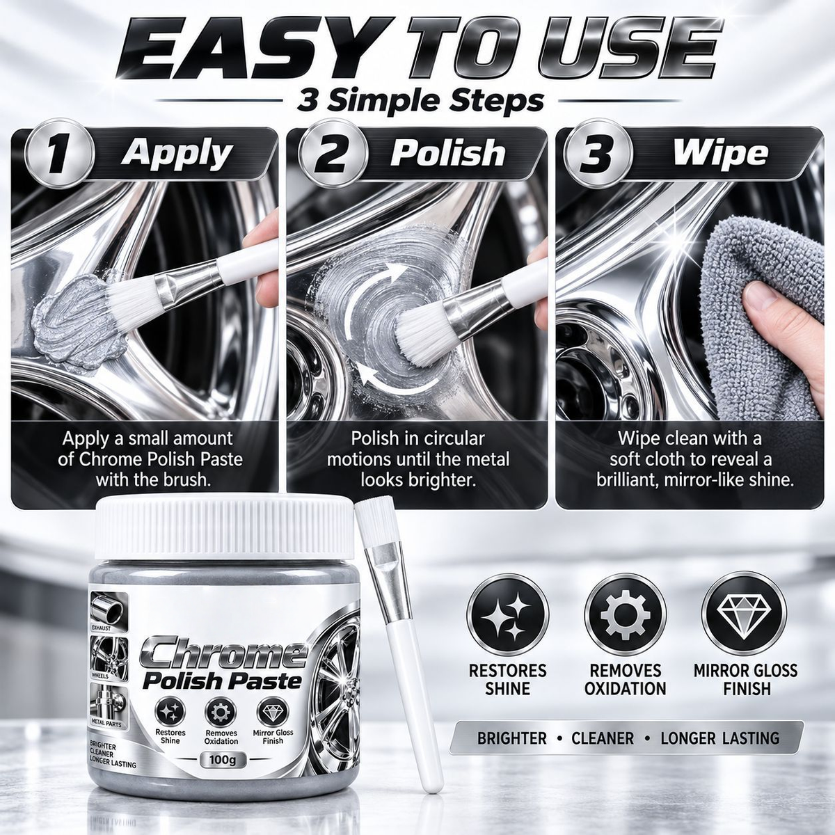 Chrome Polish Paste | Metal Polishing Cream for Chrome & Stainless Steel