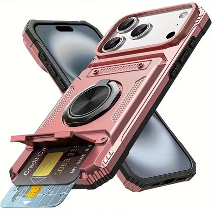 Card Holder Heavy Duty Protective Case with Ring Magnetic Kickstand Phone Cover