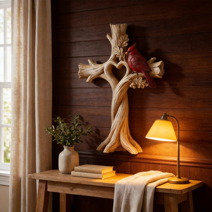Cardinal Heart Tree Cross – Hand-Carved Solid Wood Decor Memorial Stake
