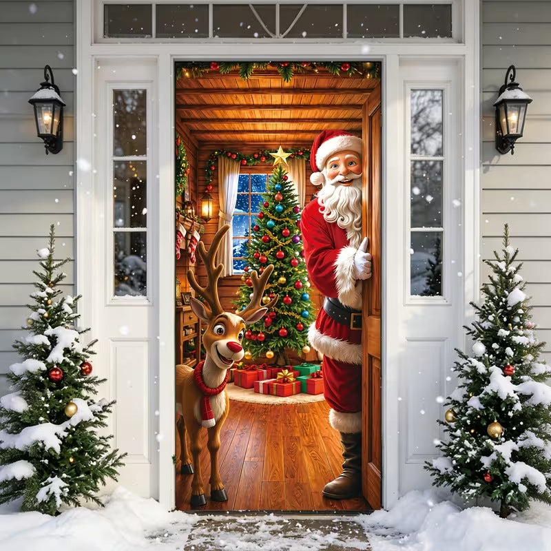 Christmas Door Cover - Stretch Fit Santa & Reindeer Door Decoration with 4-Side Elastic Edges🎅