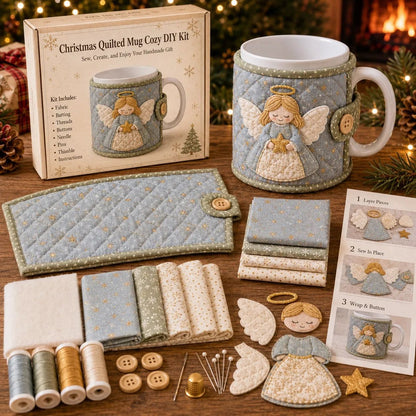🎄Christmas Quilted Mug Cozy DIY Sewing Kit, Handmade Cup Sleeve Craft Set for Holiday Gift, Beginner Embroidery Sewing Project