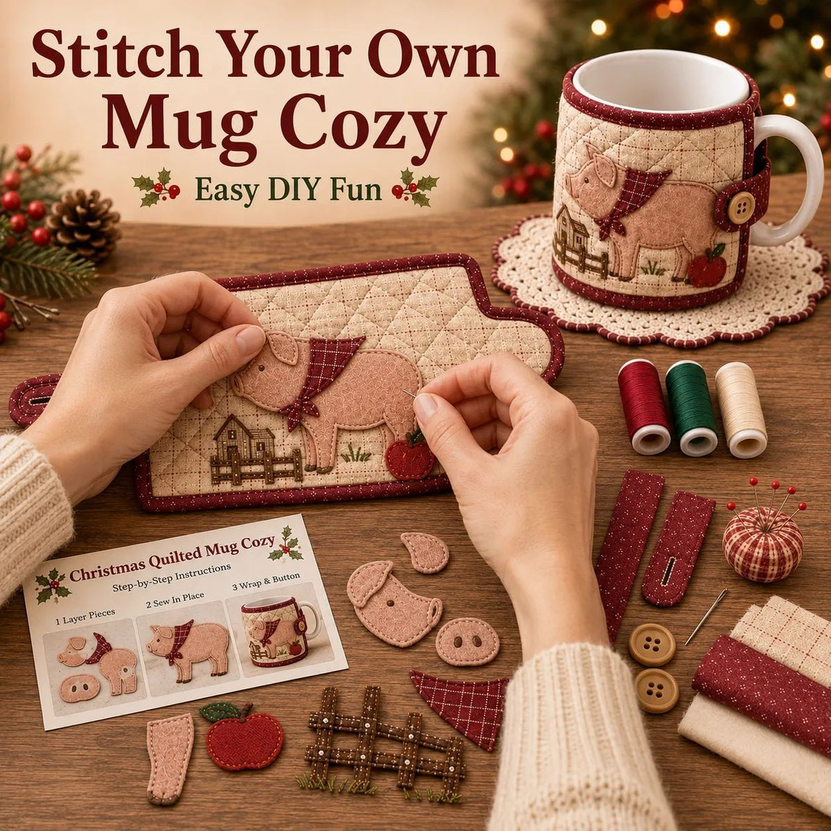 🎄Christmas Quilted Mug Cozy DIY Sewing Kit, Handmade Cup Sleeve Craft Set for Holiday Gift, Beginner Embroidery Sewing Project