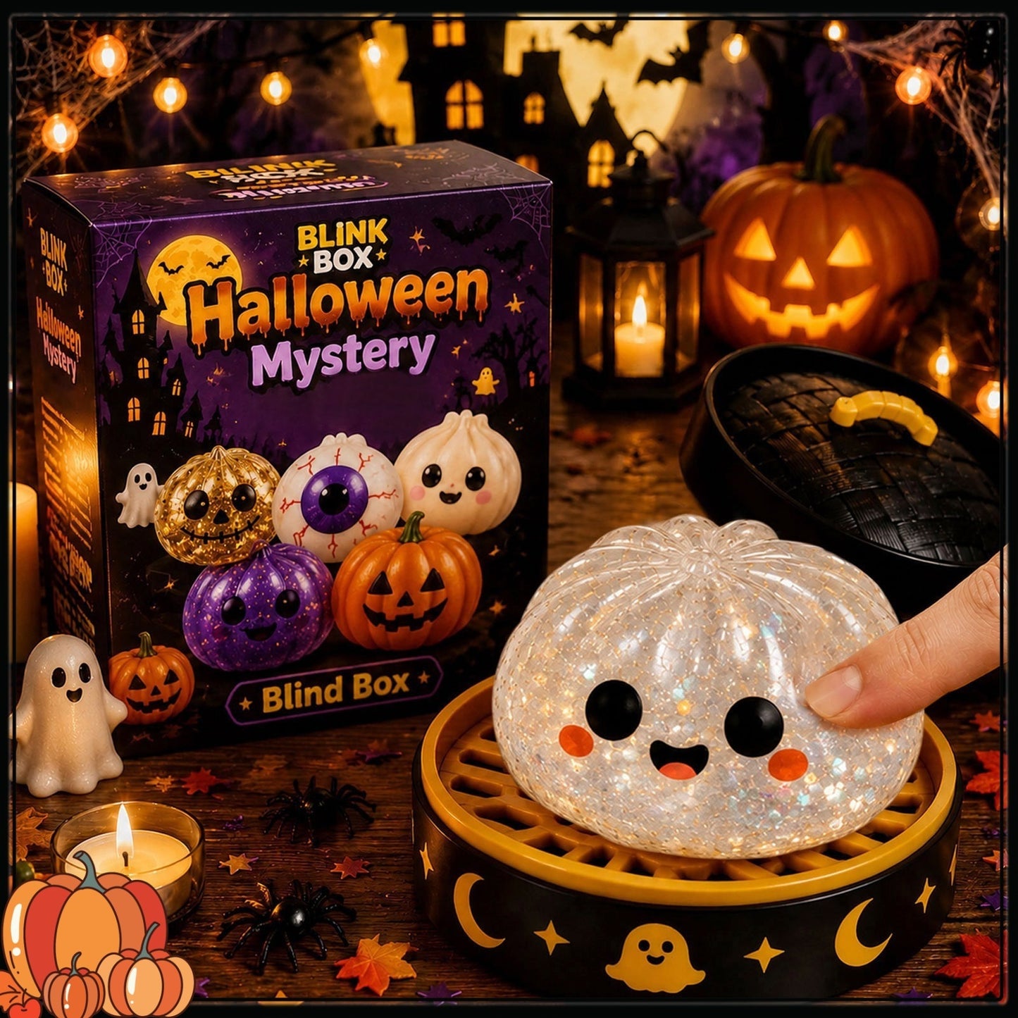 🎃 Halloween Mystery Blind Box – Cute Dumpling Squishy Toy with Mini Steamer Box, 5 Spooky Designs to Collect, Slow Rising Stress Relief
