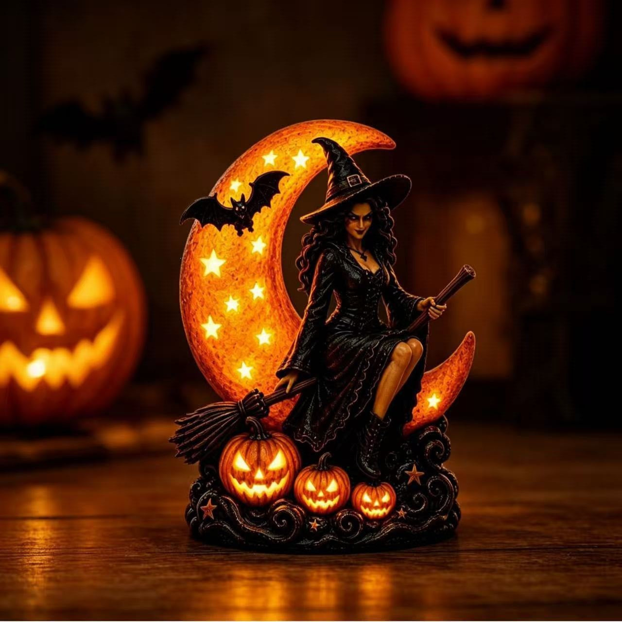 🌙🎃 Witch On Moon LED Halloween Decor Figurine