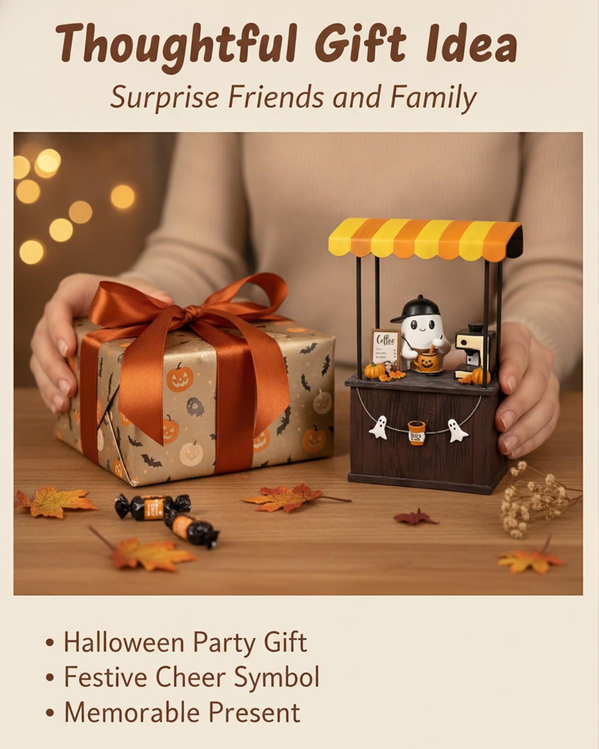 🎃 Cute Ghost Coffee Stand Figurine – Resin Halloweena Tabletop Decor with Mini Barista Bar, Perfect Fall Gift