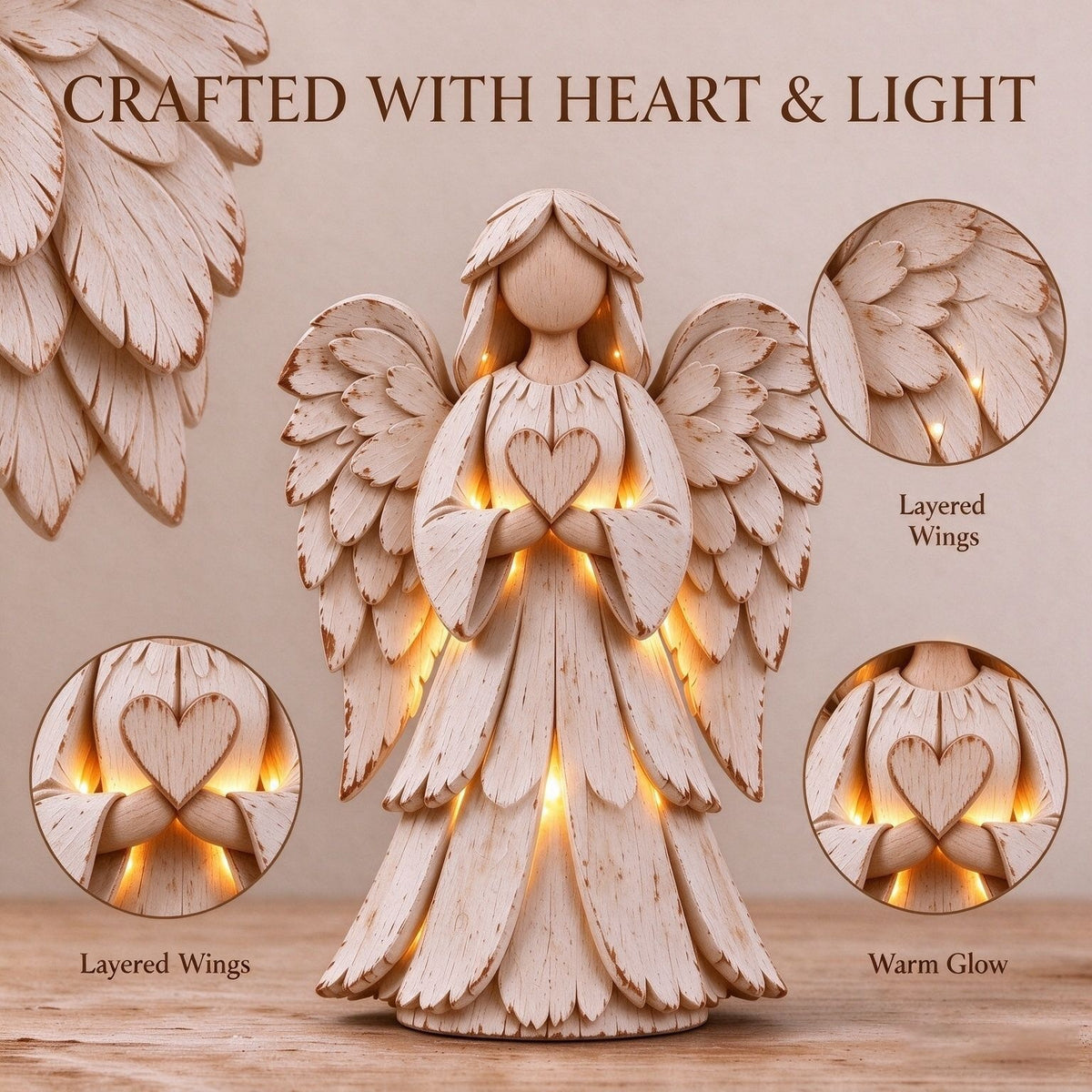 🕊️ Rustic Wood-Style Angel Figurine With Warm Ambient Light